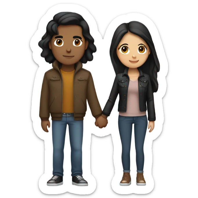 a couple holding hands. the guy has black middle part hair and is Persian and Filipino mix. the girl has brown medium length hair white and asian mix. the girl is where a crop top and the guy is wearing a jacket. sticker