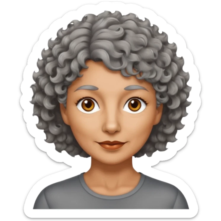 woman 50 years old, tanned skin, short grey curly-wavy wolf cut hair, brown eyes sticker