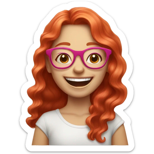 Pale, Long Wavy haired red head, girl with pink circular glasses glasses laughing sticker