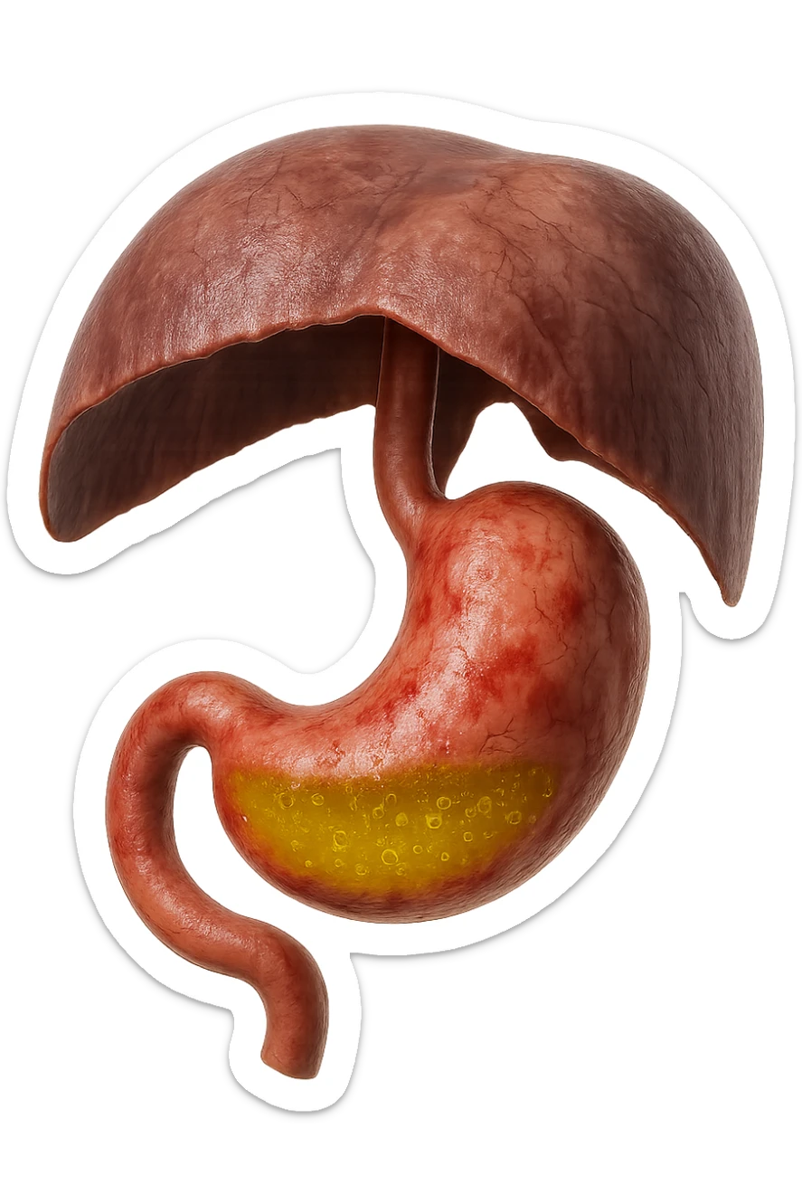 stomaco umano anatomico infiammato con acido giallo all'interno fluttua in aria insieme ad un diaframma umano, iperrealistico 4k, isolato su sfondo bianco sticker