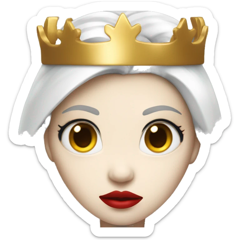 Queen with pale skin, long black hair, bright red lips, skinny gold crown, white dress, and evil stare.  sticker