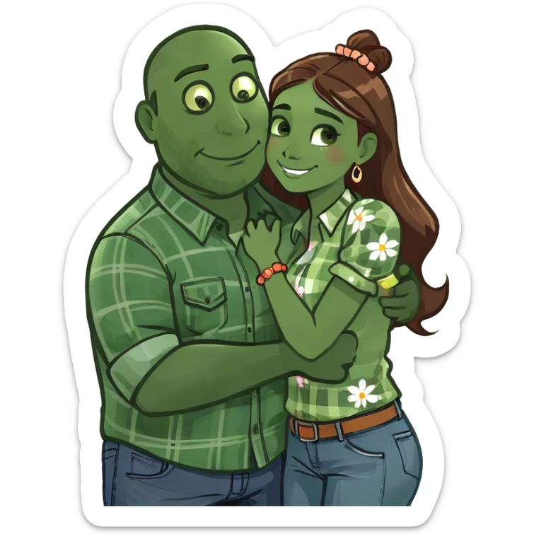 Big tall Man with brown mullet and tanned girl with short dark hair hugging sticker