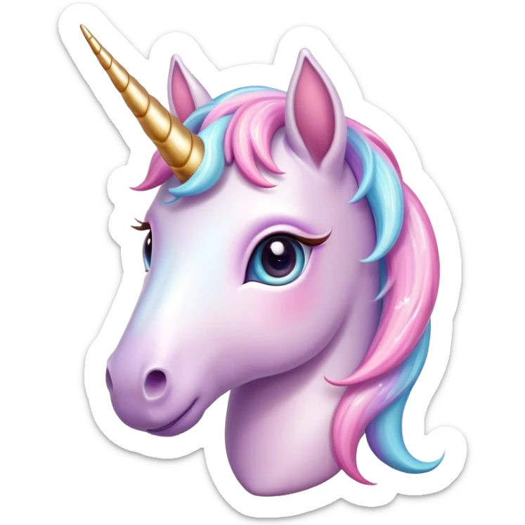 Cinematic Cute Unicorn Pony Portrait Emoji, Head tilted playfully and inquisitively, featuring a charming, diminutive form with a gentle pastel color, a delicate, sparkling horn and large, dreamy eyes full of wonder, Simplified yet irresistibly adorable features, highly detailed, glowing with a warm, magical glow, high shine, affectionate and lively, stylized with a touch of whimsical charm, soft glowing outline, capturing the essence of a mischievous yet endearing unicorn pony that seems as if it could prance out of the screen into your arms! sticker