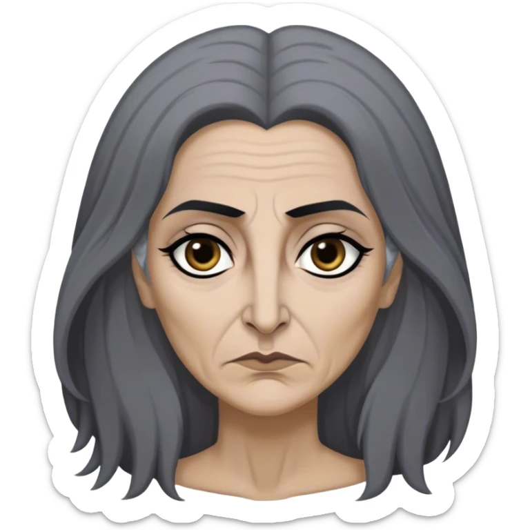 Mirri Maz Duur is a weathered, age 45 Lhazareen woman with deep-set dark eyes, high cheekbones, and a sharp nose, giving her a stern, knowing expression. Her long, unkempt dark hair streaked with gray falls loosely over her shoulders sticker