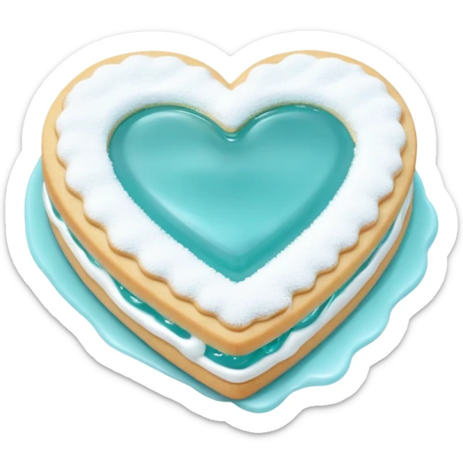 Realistic shortbread cookie in the shape of a heart with Tiffany blue color jelly middle filling and sprinkled powder sugar on top. sticker
