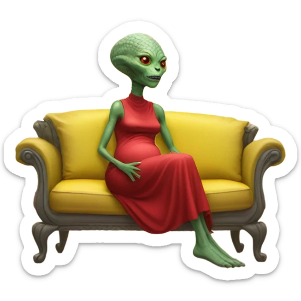reptilian alien woman in red dress,pregnant, sitting on a jellow couch  sticker