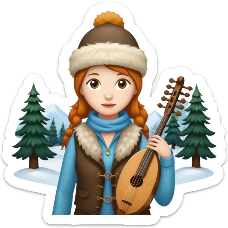 "Girl 👩🏻‍🦱 in fur hat 👒🦊 and vest 🧥, standing in snow ❄️🌲, holding a Bashkir dombyra 🎶 (long-necked two-string folk instrument). Emoji style." sticker