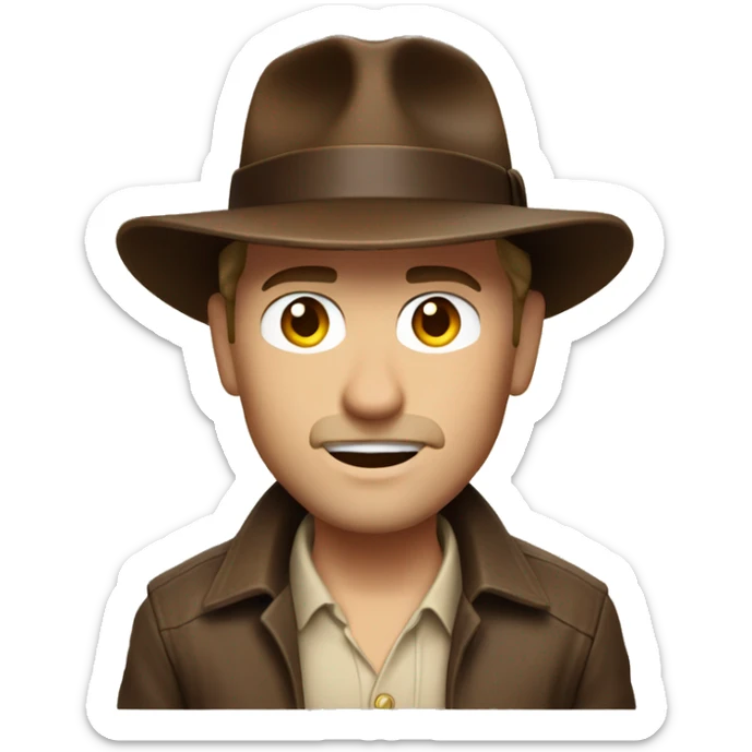 White Indiana Jones with a dark brown jacket and a brown hat, beige shirt sticker