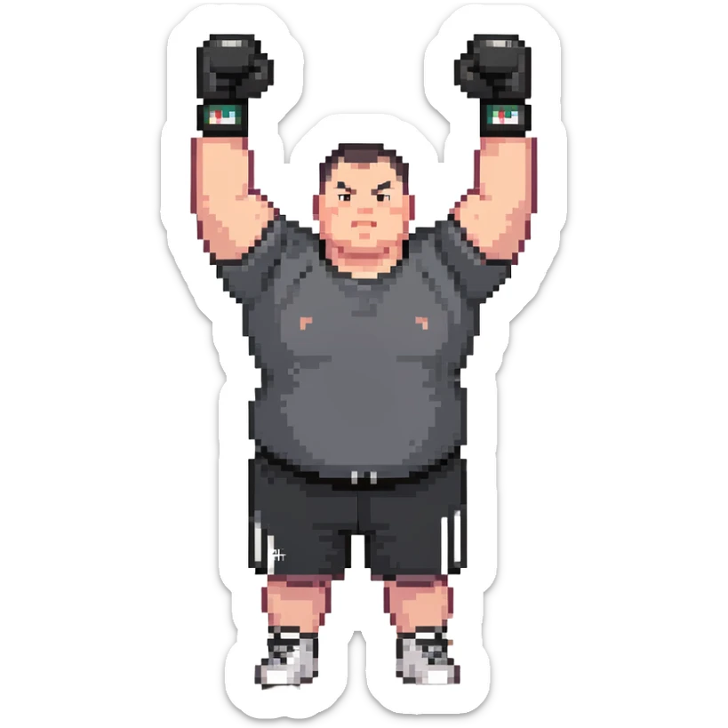 white man with dark hair, dark eyes, buzzcut faded haircut, overweight 100kg boxer, chubby face, stocky build, wearing full black clothes, black adidas boxing gloves, victory pose with arms raised, upper body only no legs visible, highly pixelated sticker
