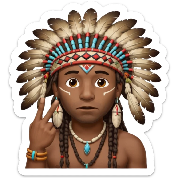 Black American man dark brown with dreads with a American Indian headdress with one finger pointing at his mouth with a yea he lying face sticker