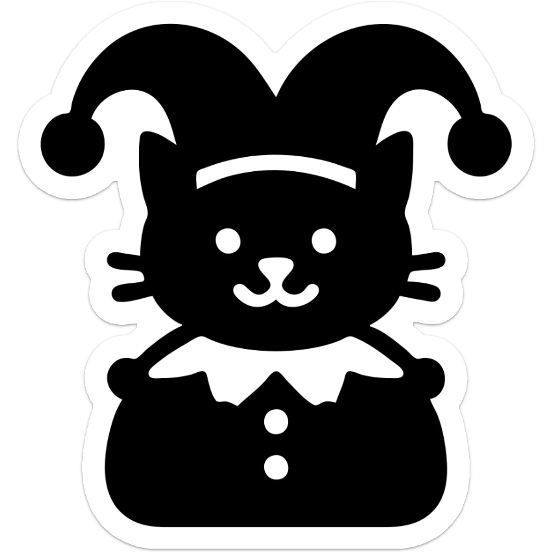 crazy cute little cat jolly joker from poker, medieval, vintage, court jester, mac os icon, purple, gold and red color, head + torso. Squared shape as 3D mac os icon, symmetrical sticker