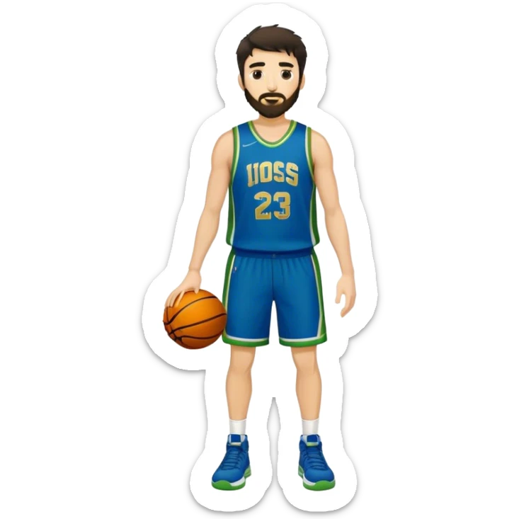 Full Body  white male basketball player with short shaggy dark hair and gold tee beard wearing blue and green uniform sticker