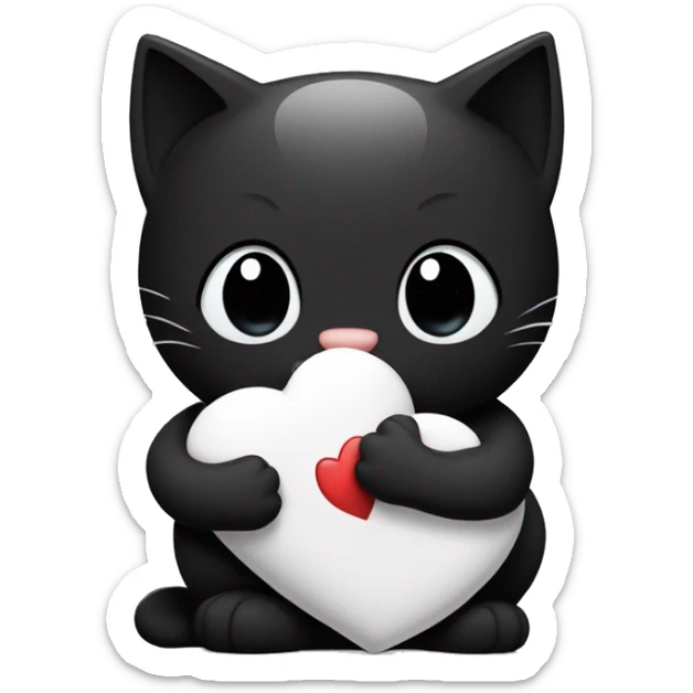 the black cat smiles sweetly and holds a white heart near its belly and hugs it sticker