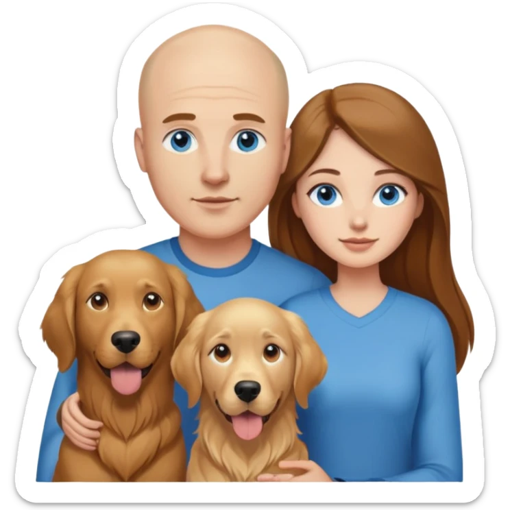 Young blue eyes Bald man and young long brown hair woman with golden retriever  sticker