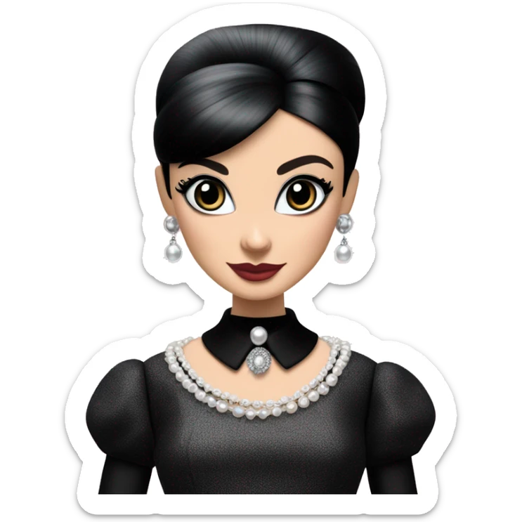 Audrey Hepburn as Sabrina Barbie.Wednesday Addams. Show full body wearing Embroidered long black gown jewelry gloves pearl earrings  sticker