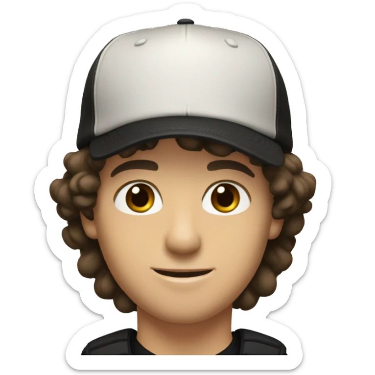 white young man with dark brown hair and light brown eyes with black skater hat sticker