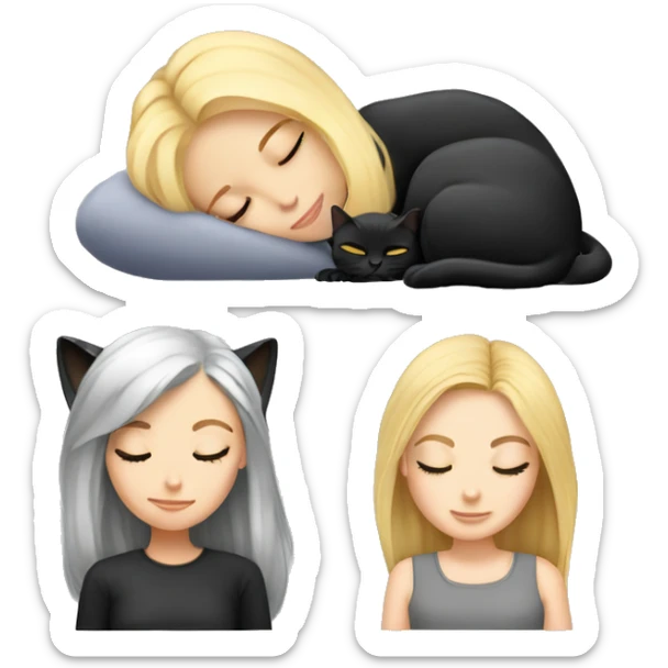 Girl with blonde hair sleeping with a black cat and grey cat  sticker