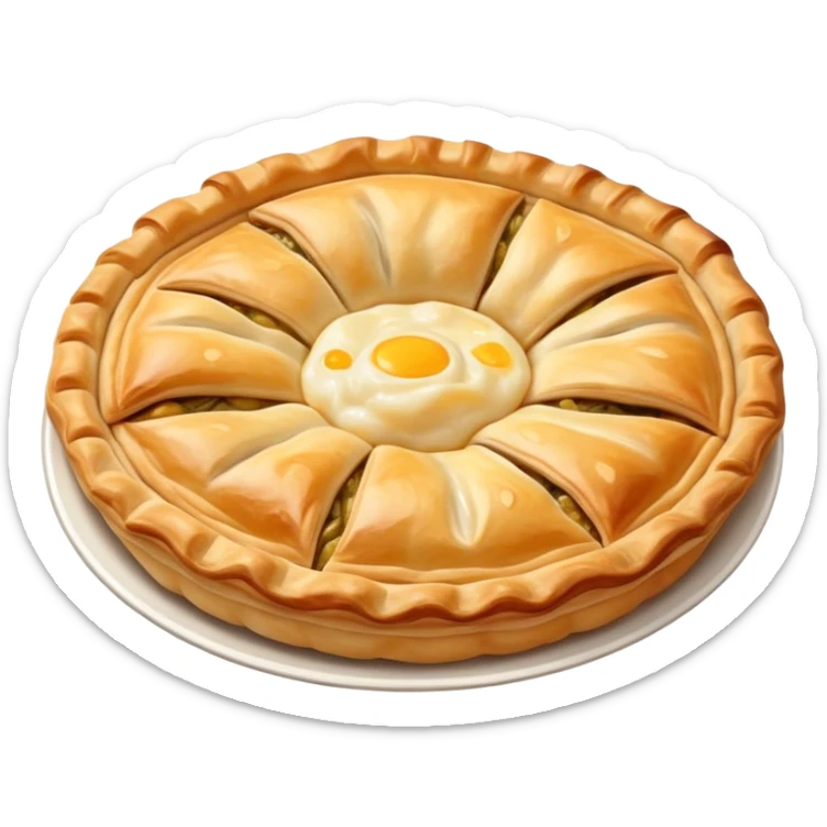 cinematic-realistic-flat burek-sa-sirom-dish-emoji,-showcasing-a-flaky-pastry-filled-with-cheese-rendered-with-crisp-textures-and-appetizing,-warm-lighting.  sticker