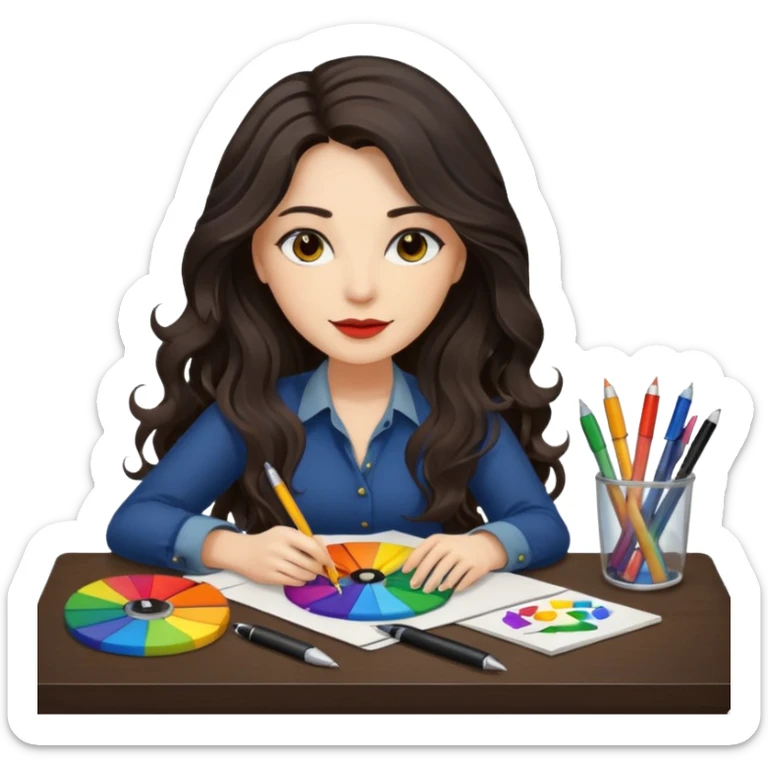 female dark wavy long hair graphic designer , color wheel, pens, papers , desktop sticker