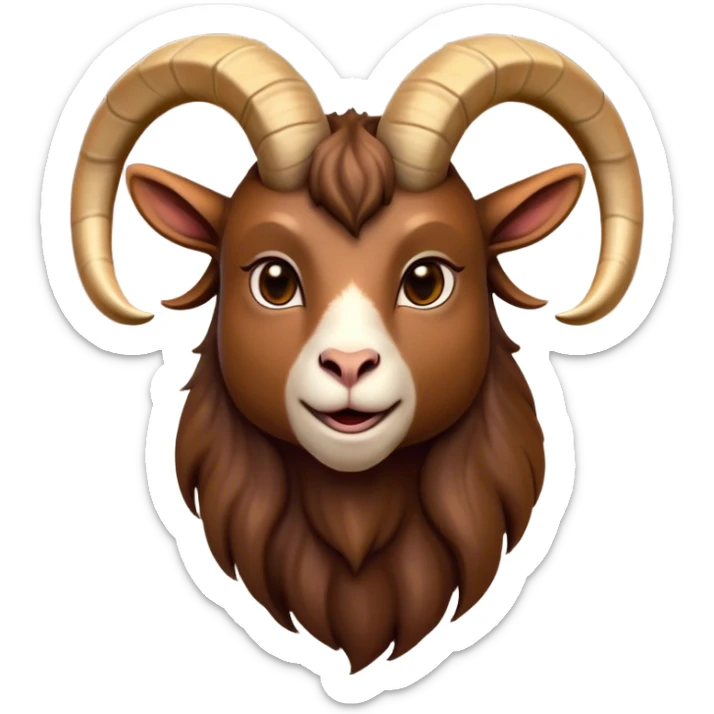 Cinematic Noble Brown Goat Portrait Emoji, Poised and regal, with a sturdy, agile build and a smooth, well-groomed rich brown fur accented by gracefully curved horns, deep-set soulful dark eyes, Simplified yet sharp and sophisticated features, highly detailed, glowing with a warm, dignified glow, high shine, intelligent and spirited, stylized with an air of rustic elegance, focused and attentive, soft glowing outline, capturing the essence of a watchful and confident goat, so majestic it feels as though it could leap out of the screen with effortless authority! sticker