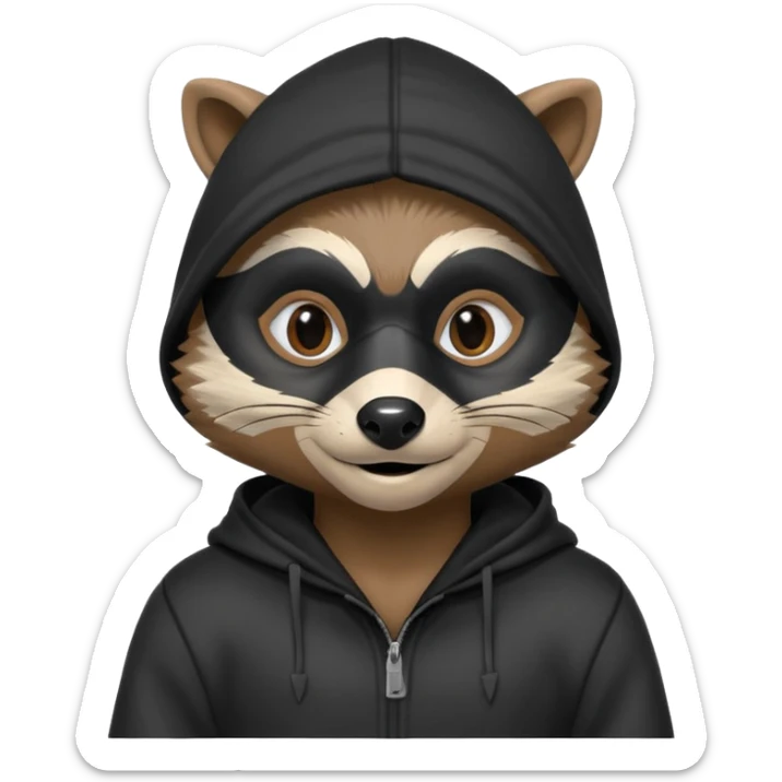 thief raccoon portrait, head and shoulders only, black burglar mask markings, sneaky smile, dark hoodie collar, mischievous eyes, 3D cartoon, mobile game icon style, clean background, no text, no watermark
 sticker