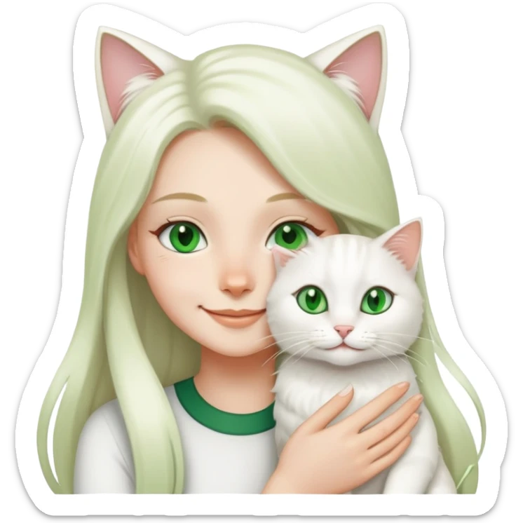 girl holding a long-hair cat and smiling, the cat is white and its eyes are green sticker