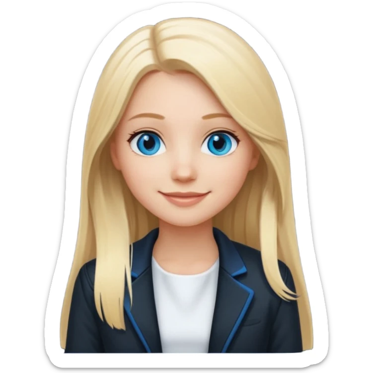 A white girl with long straight blonde hair, blue eyes and a white dress with a smiling black jacket sticker