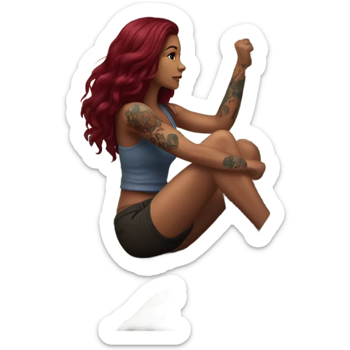 Beautiful tattooed woman long burgundy hair climbing rocks sticker