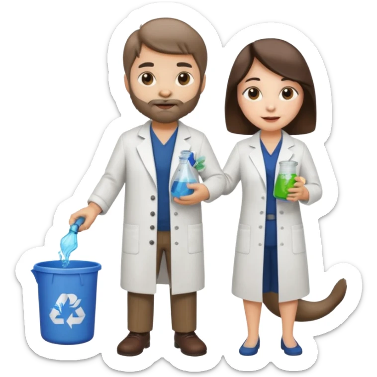 an otter disguised as a woman picking up trash bins, next to a man mad scientist sticker