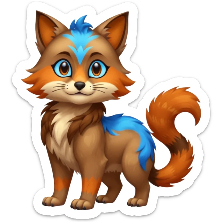 Colorful brown with blue and orange tropical exotic shiny beautiful fantasy-Cacomistle-oncilla-animal-Fakémon-hybrid-fursona (full body) sticker