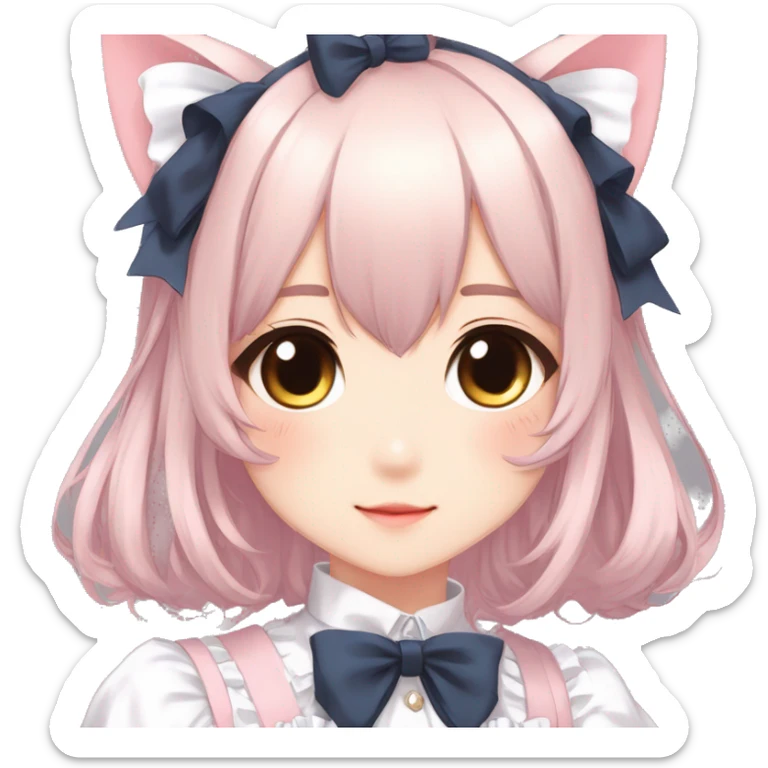 Gorgeous anime style catgirl with blushing face with maid outfit bow tie idol model kawaiicore pearly petite simplistic aesthetic trending style sticker