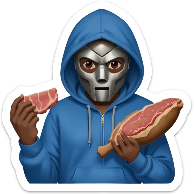 MF DOOM in a blue hoodie holding a piece of meat sticker