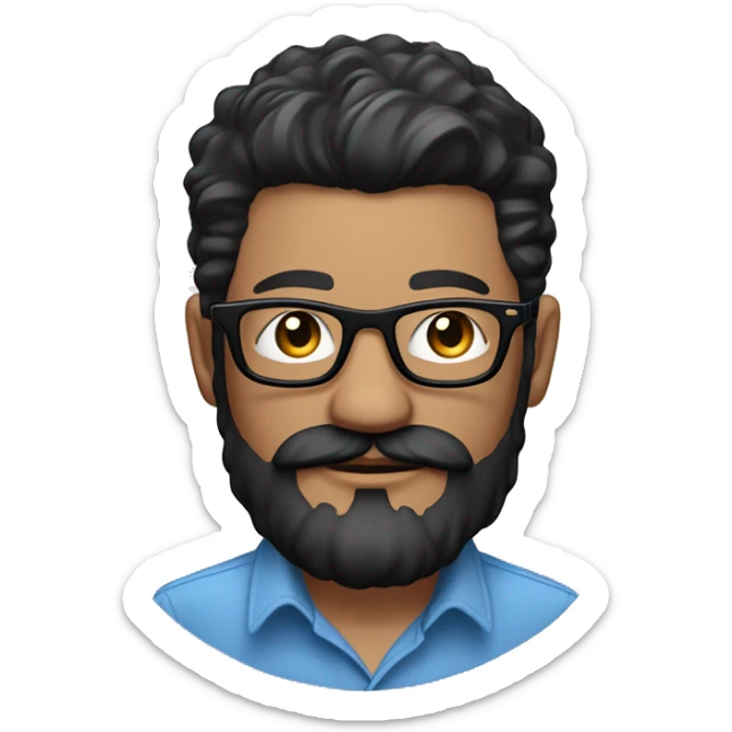  emoji of light skin man, black hair. blue button up shirt, black glasses, beard and mustache. tattoo of rose on right arm and apple watch sticker