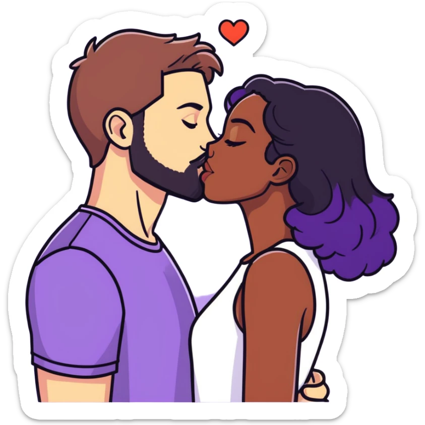 White guy with brown hair and beard kissing black girl with black and purple hair. Make them the same height sticker