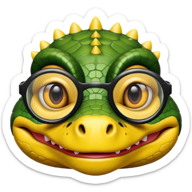 Cocodrilo con boca cerrada mirando de frente que tengan lentes negros y oscuros y sea color amarillo con fondo blanco sticker