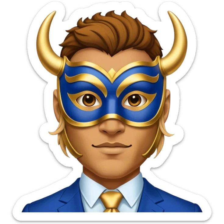 a man, with a Blue suit,  wear half-face golden Buffalo masquerade mask sticker