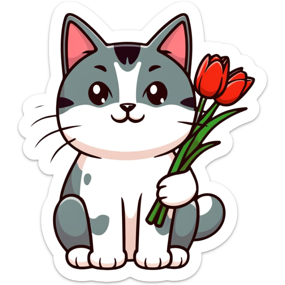 tricolor fluffy cat with big green eyes holding red tulips in her arms sticker