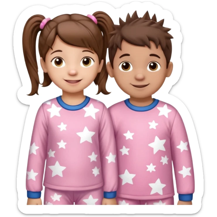 A toddler girl with brown hair with two pig tails, wearing pink pajamas with white stars on them. With a 4 year old boy with spikey brown hair, wearing blue pajamas with white stars on them. Both light skin and smiling. Both with a mix of big and small white stars on the pajamas  sticker