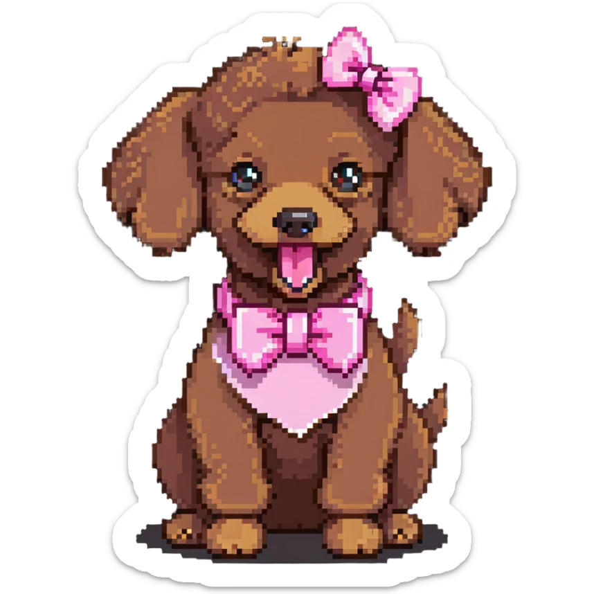 cute brown poodle with a pink bow on its head and tail, tongue sticking out, and a pink collar sticker