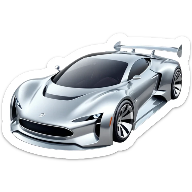 A low-profile futuristic car emoji made of polished silver chrome, wide body stance, smooth aerodynamic shape, glossy metallic surface, soft reflections, luxury swag aesthetic, minimal details, iOS emoji style, centered on clean white background, studio lighting sticker