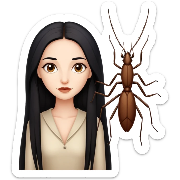 beautiful pale woman with long black hair next to one brown stick bug sticker