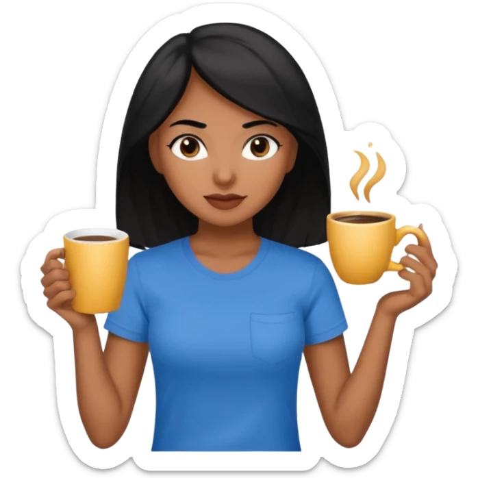 Cabelo preto para frente mais ou menos batendo no peito quero uma xícara de café bem bonita na mão aquelas xícaras bonitas quero ela com uma camiseta azul quero ela morena olhos pretos sticker