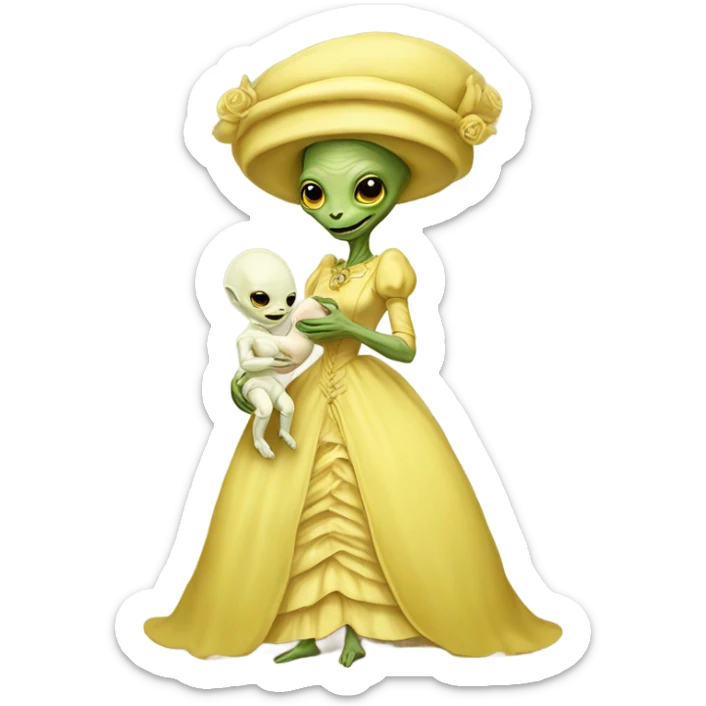  Reptilian alien woman , full body, in victorian jellow elegant dress , holds a newborn white humman baby sticker