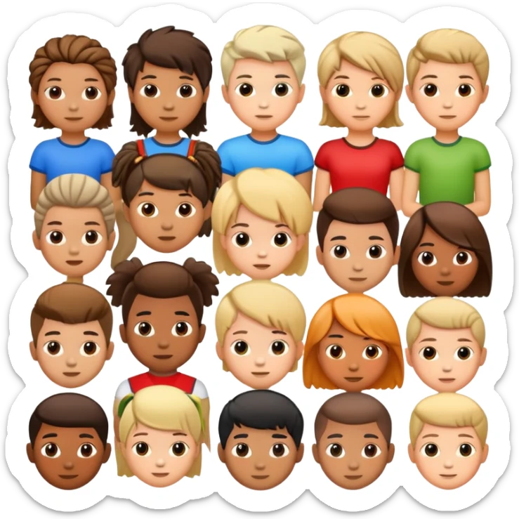 group of children's heads with various hairstyles, fun and diverse sticker