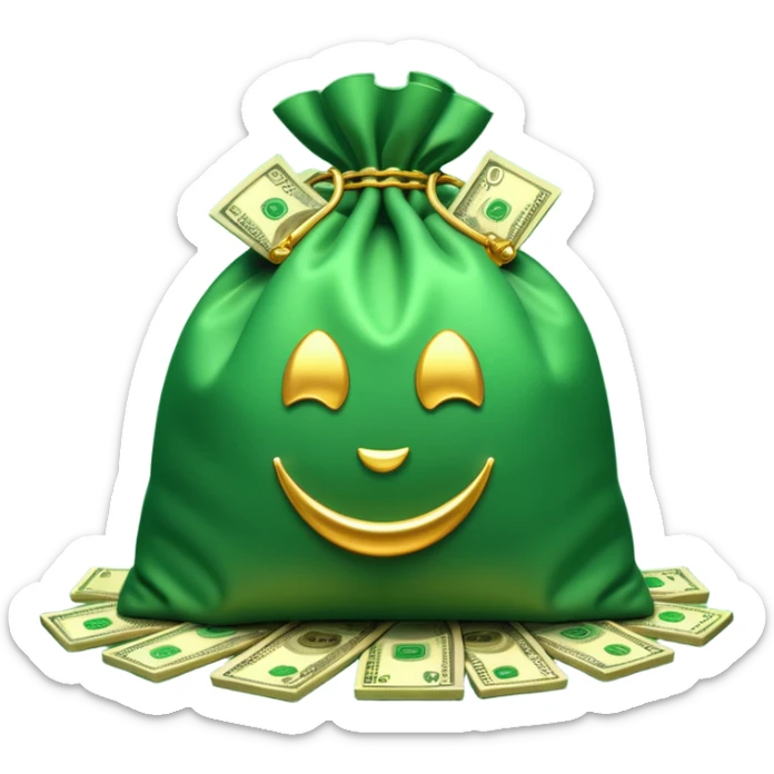 

3D emoji style, big bag of money, flying dollar bills, rich casino vibe, smooth lighting, high detail, clean edges, transparent background



 sticker