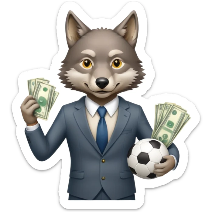 Wolf in business suit holding football and money, Wall Street wolf sticker