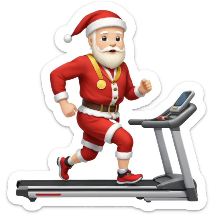 A Norwegian Santa running on a treadmill, wearing a gold medal round his neck sticker