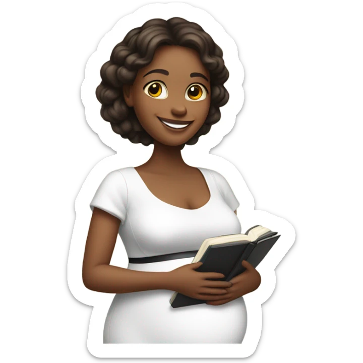 pregnant girl in a white dress holding an open photo album and looking at it with a smile sticker