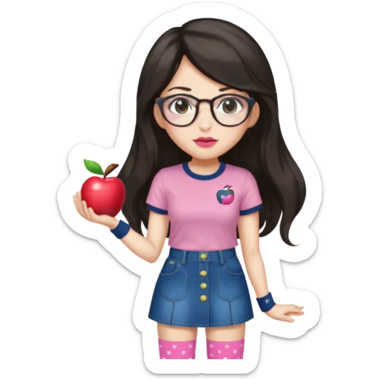 Light skin but a little white , monolid eyes,  dark brown long (not too long but not too short) hair, a button nose, fuller lips, blush (Light) PiNk liptint not too pink, wearing  bayonetta glasses (red) a apple T-shirt, dotted socks, a denim skirt sticker