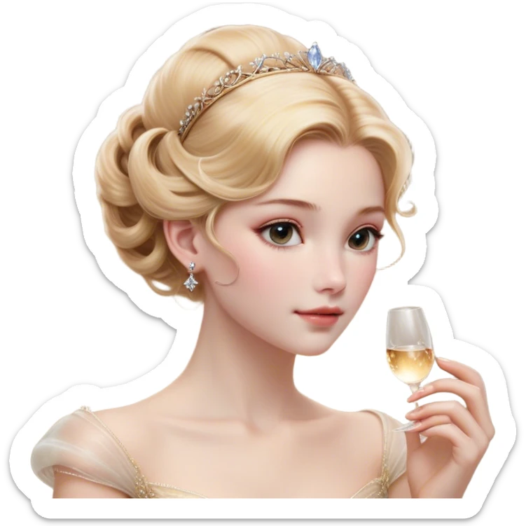 Cinematic Realistic Cinderella Portrait, depicted with lifelike skin texture, subtle rosy undertones, and soft natural lighting that enhances the gentle contours of her face. Her intricately detailed golden blonde hair is elegantly styled in an updo, with delicate wisps framing her face. Her deep, expressive blue eyes radiate warmth and sincerity, reflecting a quiet resilience and grace. She holds a glass slipper gently in one hand, her other hand resting gracefully at her side, emphasizing the timeless beauty of the moment. She is dressed in her iconic ball gown, the fabric shimmering with intricate embroidery and fine translucent layers that catch the light beautifully. The soft sheen of satin gloves adds a magical touch to her graceful pose. The portrait features an enchanting glow with a natural, luminous finish, seamlessly blending realism and fairytale charm to evoke a sense of depth, elegance, and timeless beauty. sticker